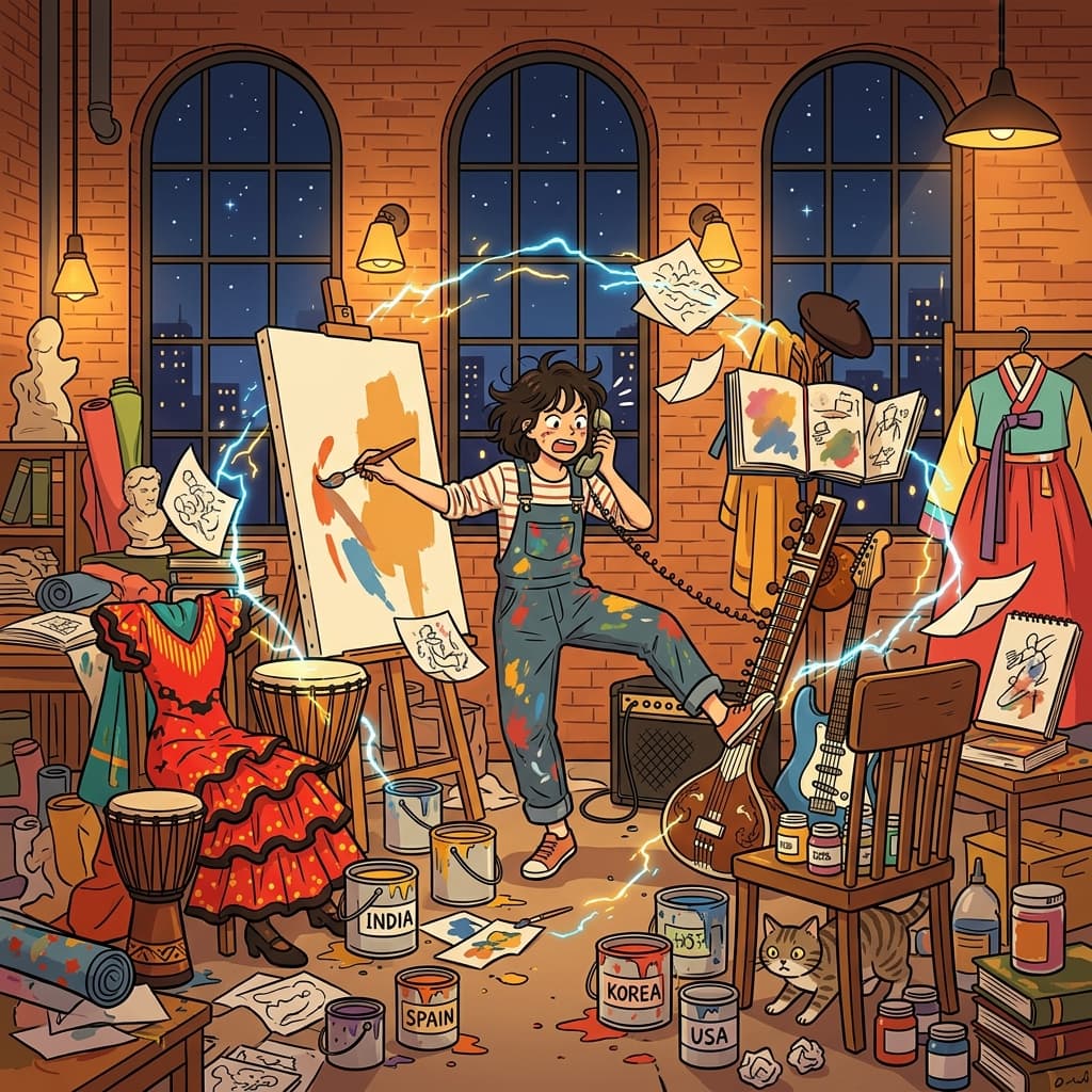 Her eclectic studio became electric and hectic the night before the show — instruments, paints, and costumes from every corner of the world swirling together.