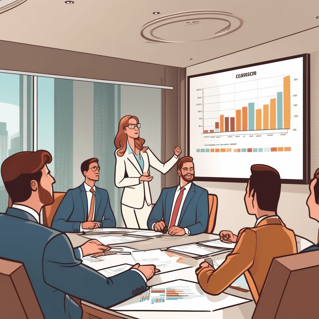 Business analyst presents economic data showing improved financial performance to executives