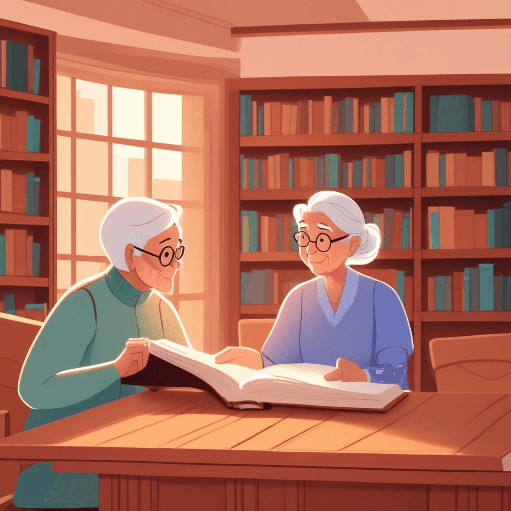 an elderly woman with kind eyes points to passages in an open book while speaking earnestly to a young person beside her. The student listens intently, nodding with understanding as wisdom is shared between them. The mentor's gentle guidance helps the student grasp important life lessons from the stories they're reading together. The young person's expression shifts from confusion to clarity as the teaching takes effect. Other students in the background look up from their own books, drawn to the meaningful conversation. moral and intellectual instruction being provided in an enlightening and improving way