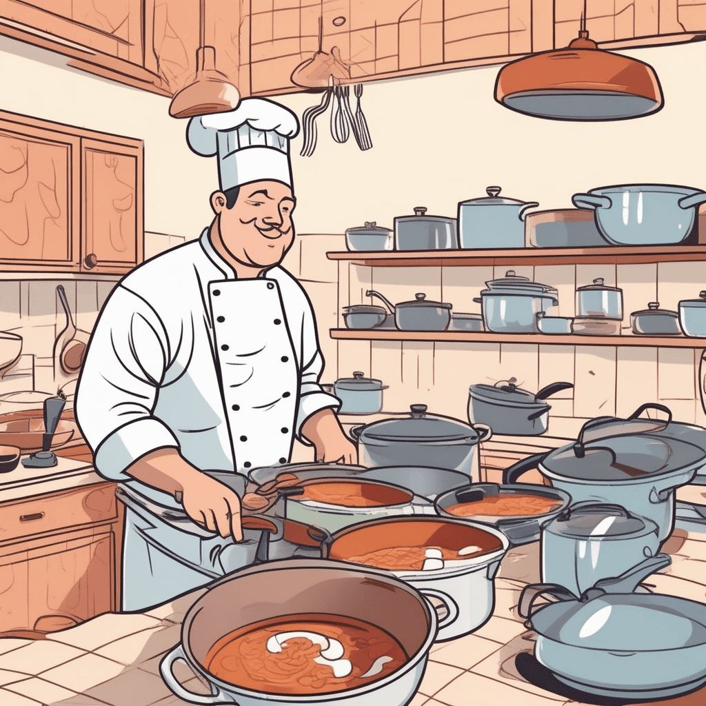 a chef accidentally adds too much salt to a large pot of soup while other dishes cook nearby. The chef tastes the soup and immediately makes a disgusted face while spitting it out. Steam rises from multiple pots showing different cooking stages and outcomes. Kitchen assistants nearby react by covering their noses and stepping back from the oversalted dish. One assistant points to perfectly cooked dishes on the counter showing successful cooking results. the direct results and consequences of the cooking actions