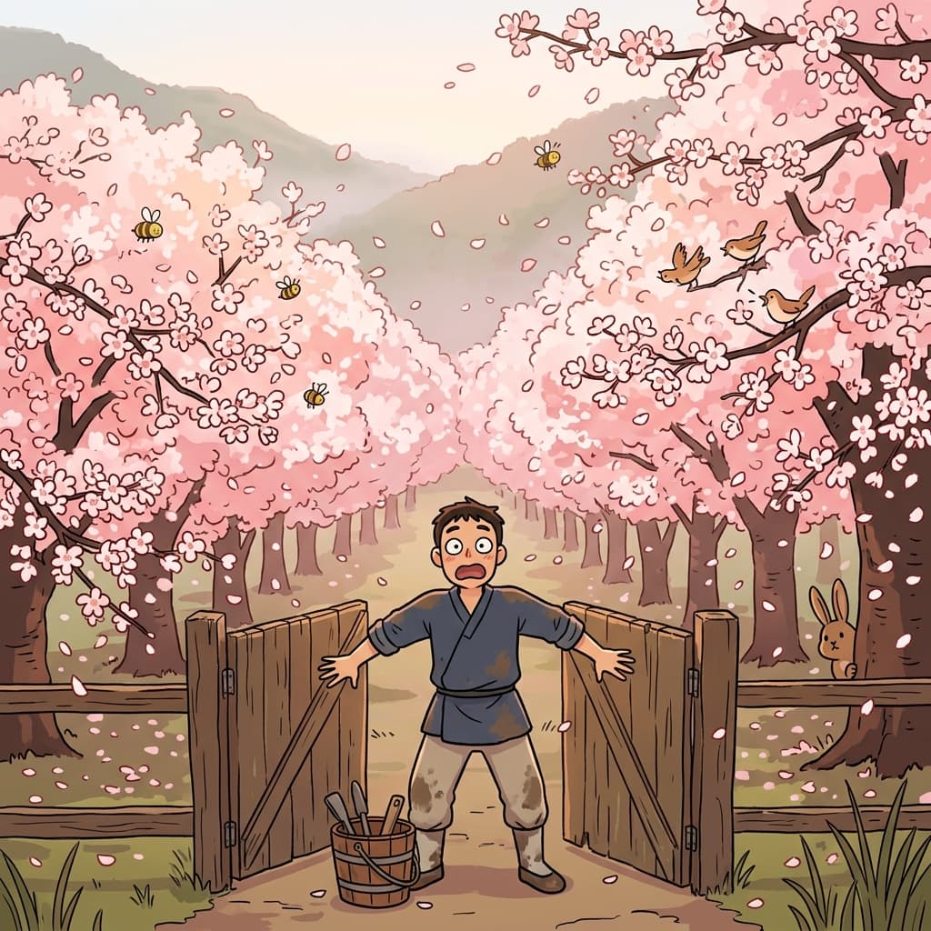 The cherry orchard burst into full efflorescence overnight, painting the valley pink.