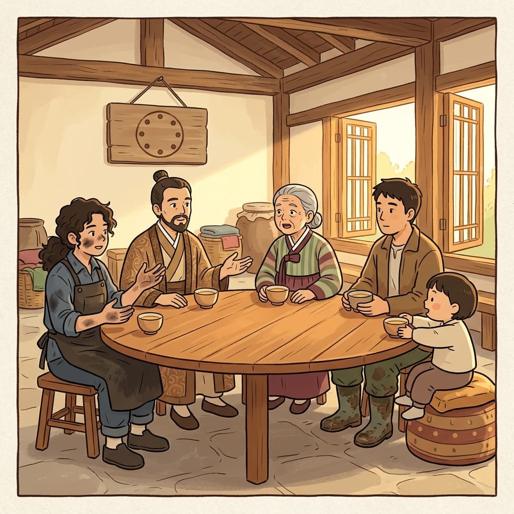 The egalitarian council seats every villager at the same round table.