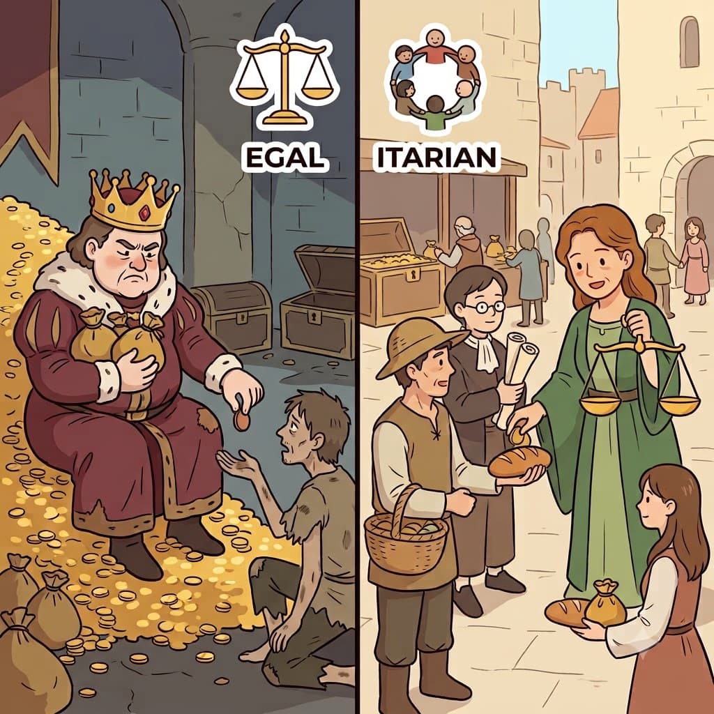 EGAL (equal) + ITARIAN (believer) — by believing every slice of bread and coin should be perfectly EGAL (equal), the fair leader proved to be a true egalitarian.