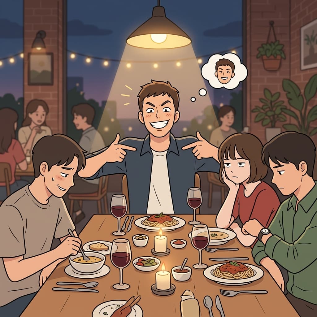 He's so egocentric he can't stop talking about himself at dinner.