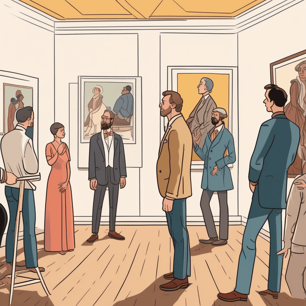 a well-dressed artist stands directly in front of his own painting, gesturing grandly at himself while speaking loudly. He completely blocks other visitors from seeing the artwork as he points to his signature and puffs out his chest with pride. His animated storytelling and exaggerated poses draw all attention to himself rather than the art. Other gallery visitors try to politely move around him but he shifts position to stay in the spotlight. Several people exchange annoyed glances and roll their eyes at his behavior. someone being excessively conceited and absorbed in themselves