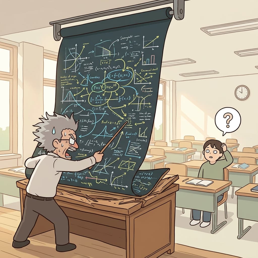 When asked a simple question, the crazy professor aggressively pulled down a massive, 100-meter chalkboard filled with complex diagrams to violently elaborate the answer.