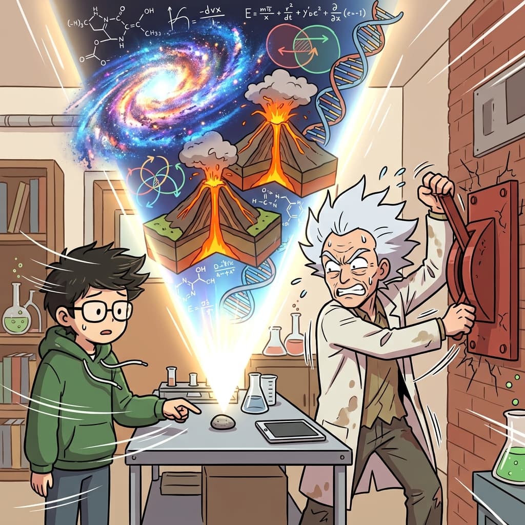 Asked about the tiny gray pebble, the crazy scientist pulled a heavy lever to violently blast a massive 3D hologram, aggressively elaborating on its origin.