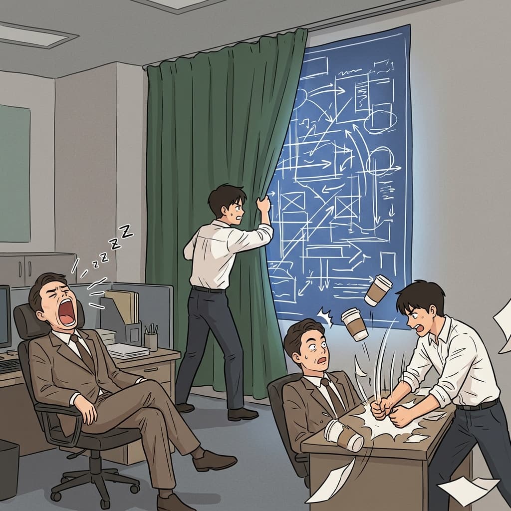 After the boss finished his yawn, the worker revealed his carefully drawn blueprint and launched into a long elaboration of the plan.