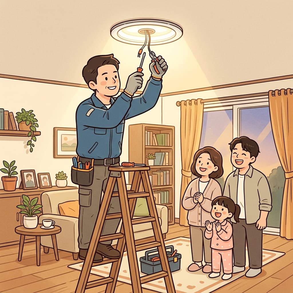 The electrician repaired the broken ceiling light.