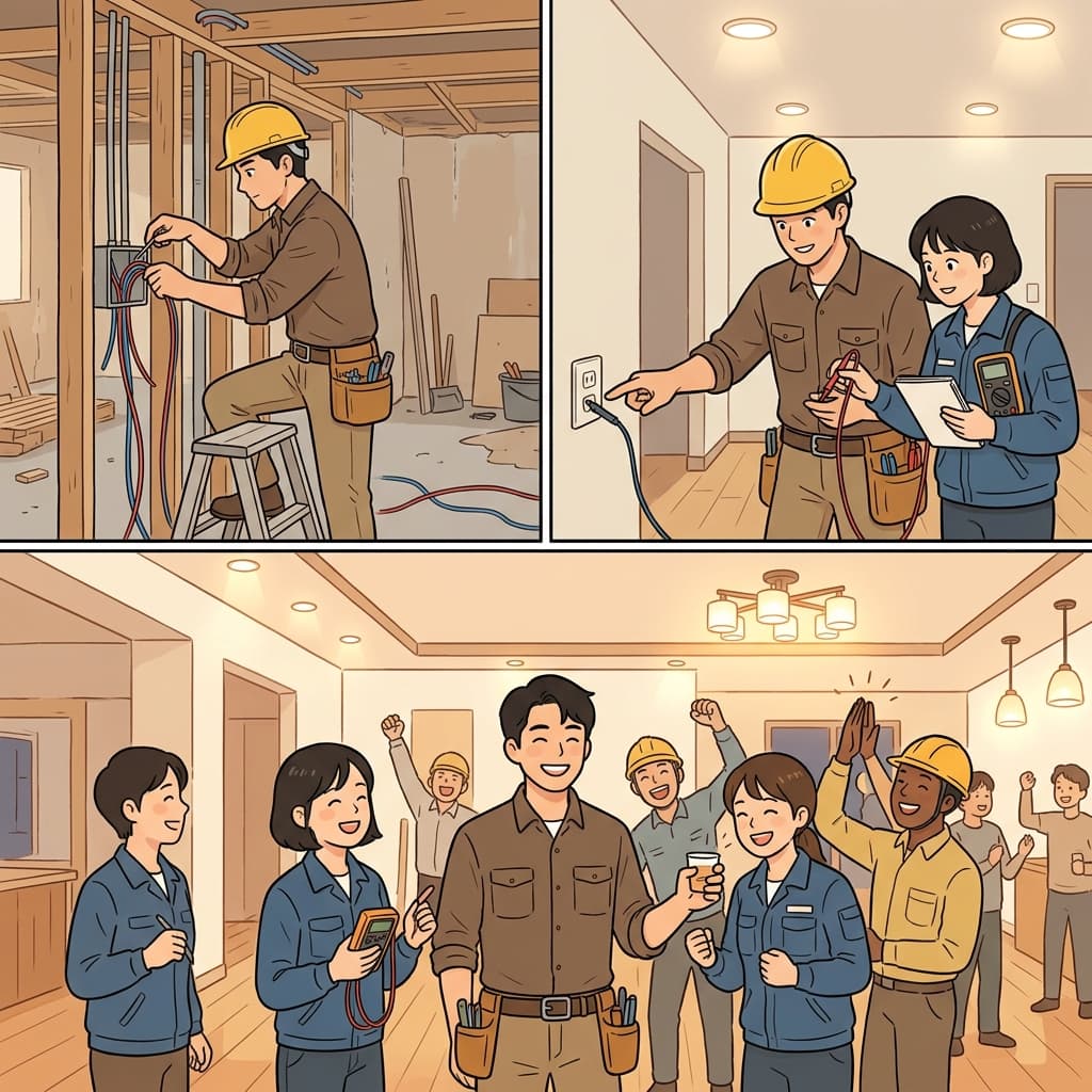 The electrician worked with the technician to finish the installation before completion.