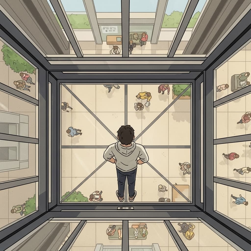 The elevator makes you a spectator — watching life from above, like a narrator.