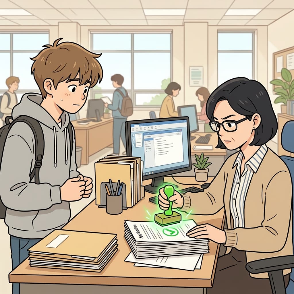The strict clerk carefully checked the student's documents before finally confirming his eligibility for the scholarship.