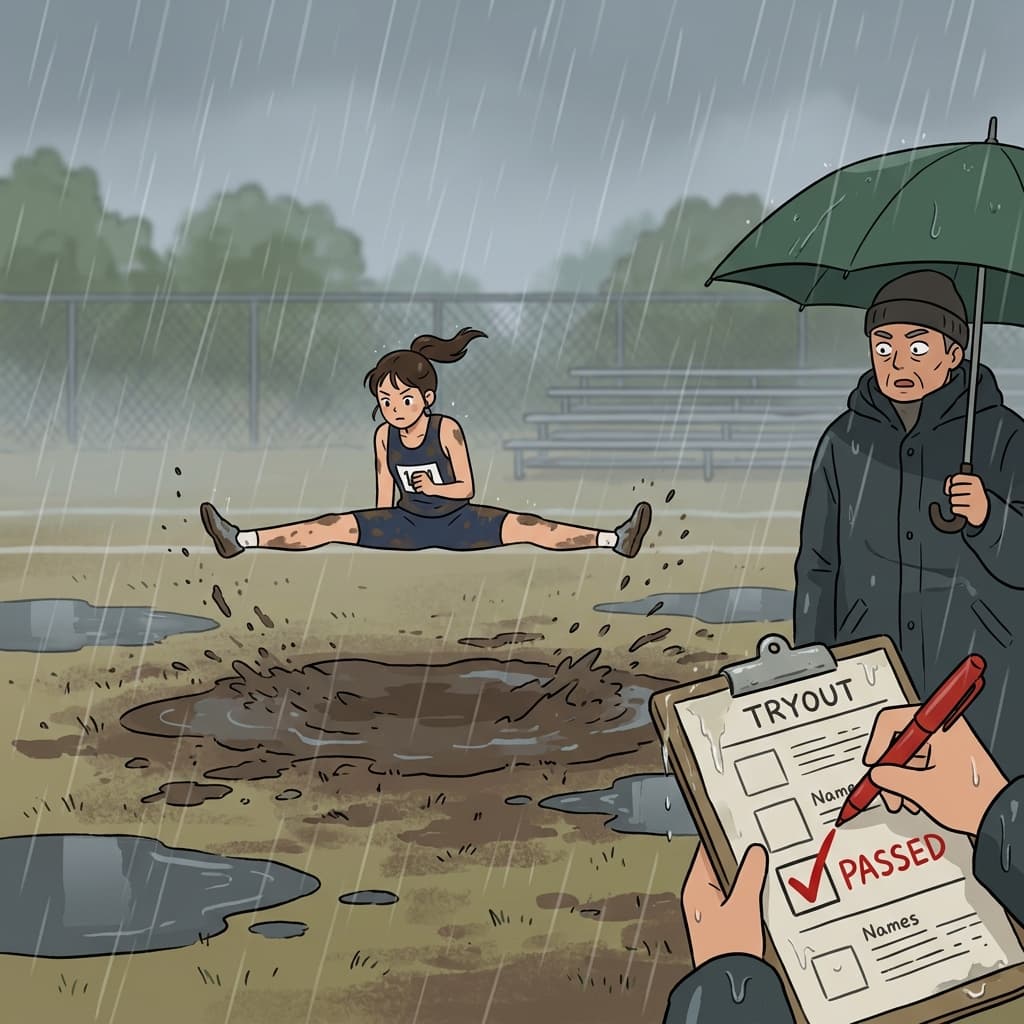 Despite the poor visibility in the heavy rain, his incredible flexibility proved his eligibility for the gymnastics team.
