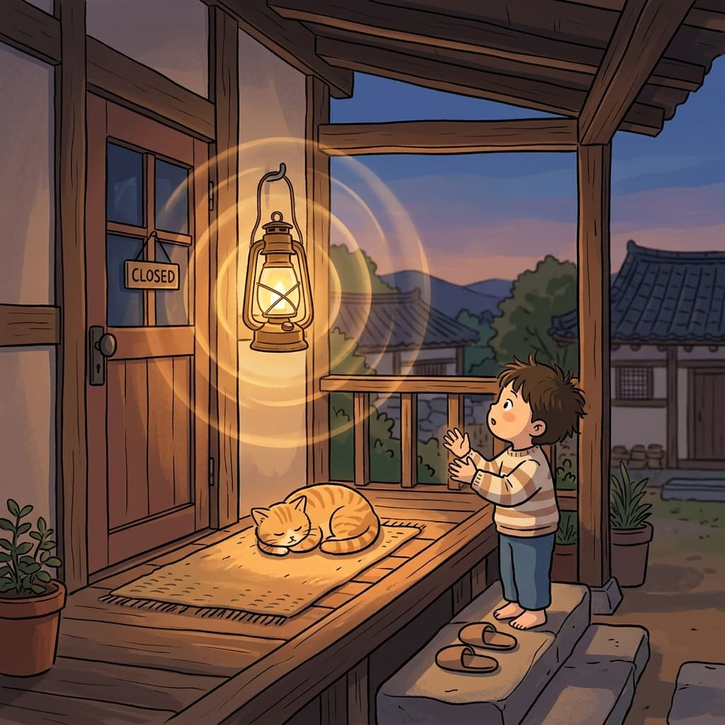 A warm glow seems to emanate from the old lantern on the porch.