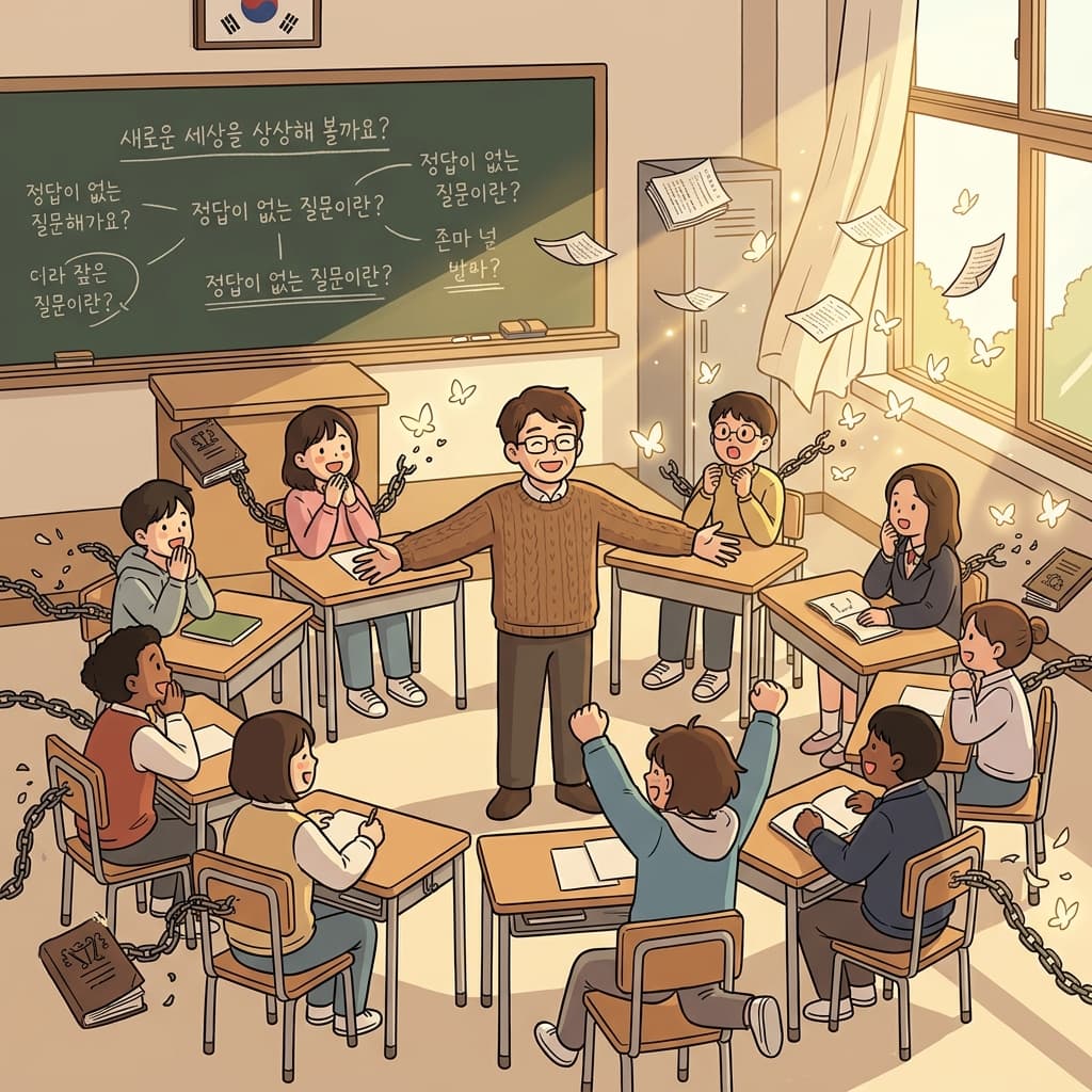 The teacher's emancipatory lesson frees students' minds from rigid old rules.