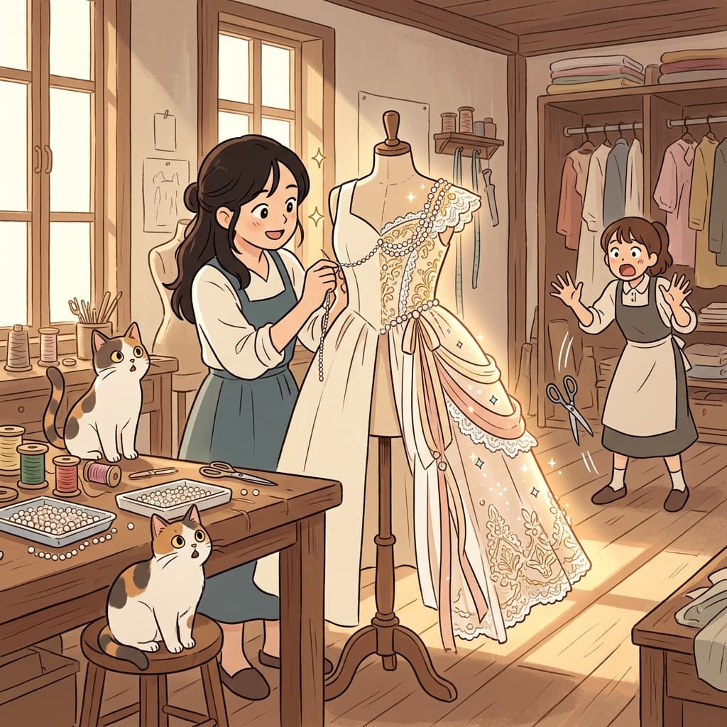 She embellished the plain dress with pearls, lace, and shimmering embroidery.