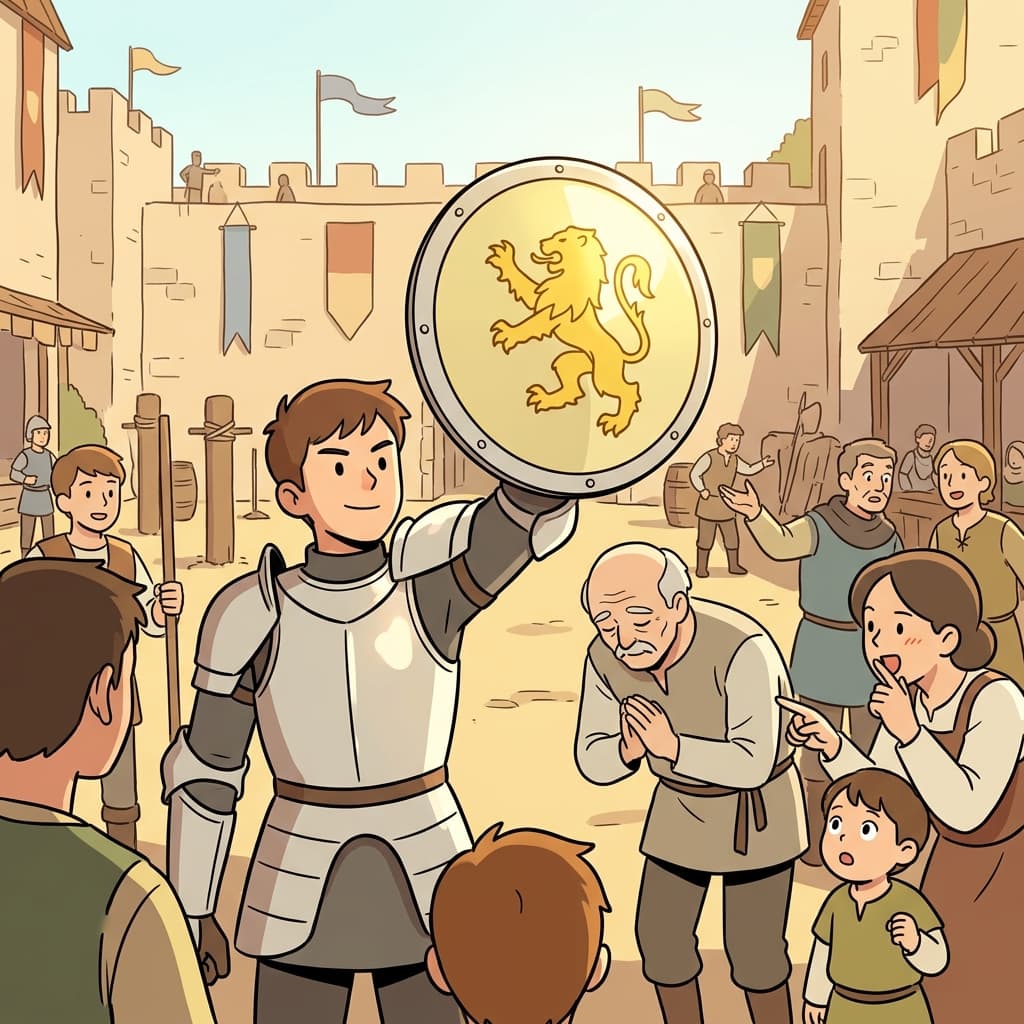 The knight's shield bears a lion emblem, marking his royal house.
