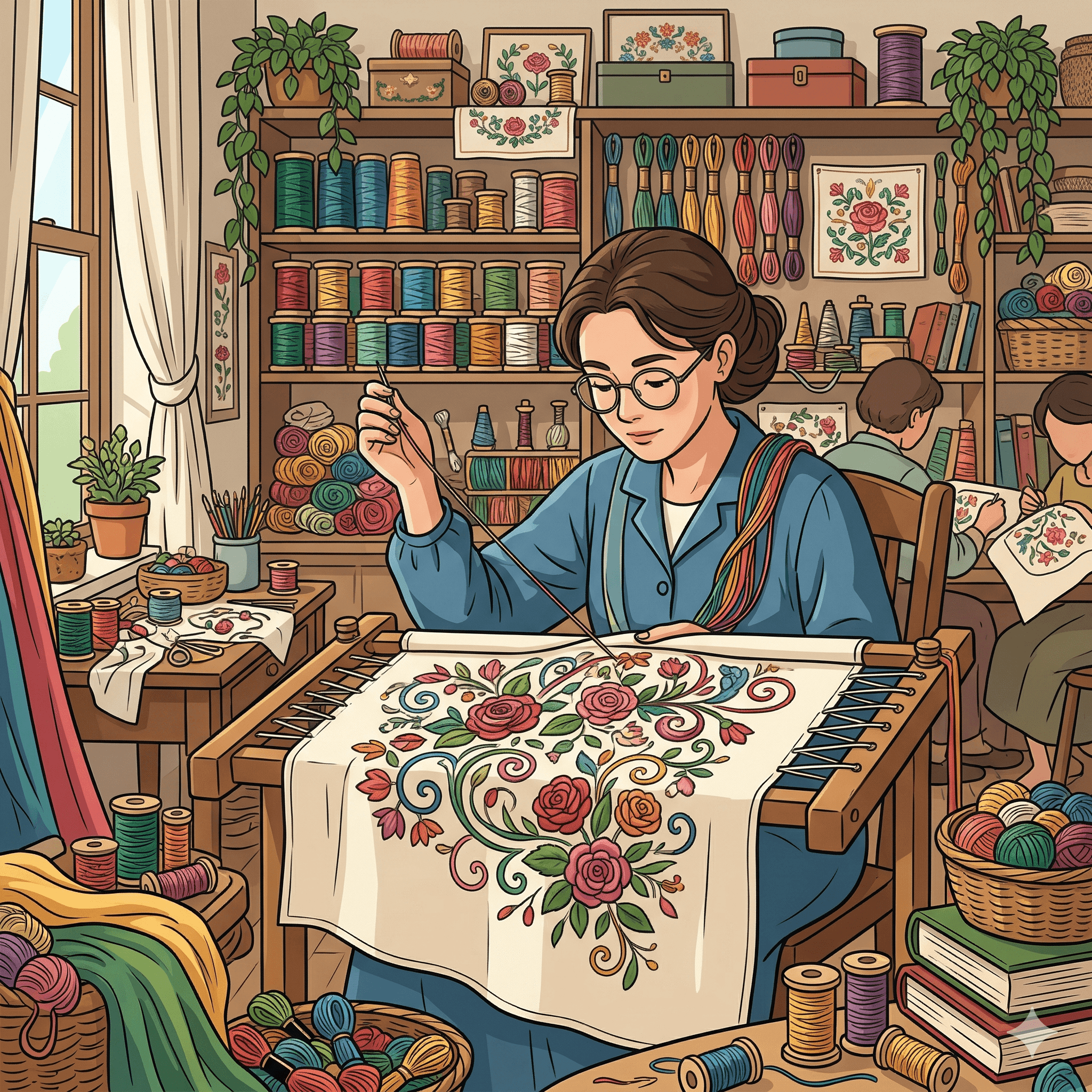 A woman sits in a cozy room, actively using a needle to embroider beautiful floral patterns on fabric.