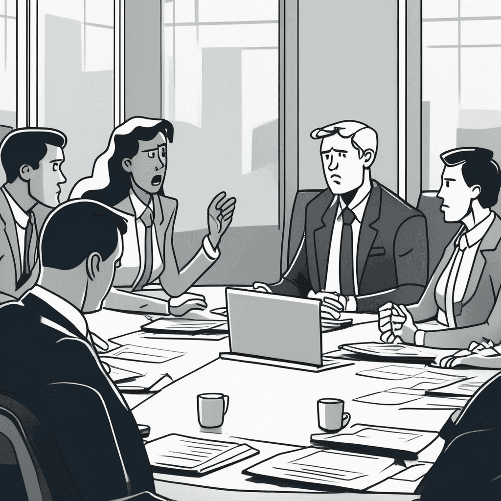 a worried office worker sits at a conference table looking stressed and confused. Papers and documents are scattered around as heated discussions swirl around them. Two groups of executives on opposite sides of the table point fingers and gesture angrily at each other. The central employee gets pulled into the argument as both sides demand their support and attention. Other colleagues in the background shake their heads and look uncomfortable with the escalating situation. someone being involved in a difficult situation and complex conflict beyond their control