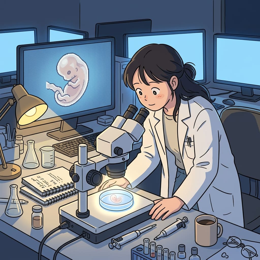 The scientist observes a tiny embryo developing inside the glowing petri dish.