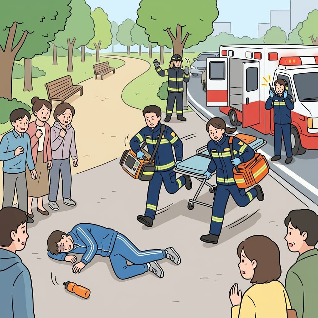 Paramedics rush in with a stretcher — a textbook emergency response saves the fallen jogger.