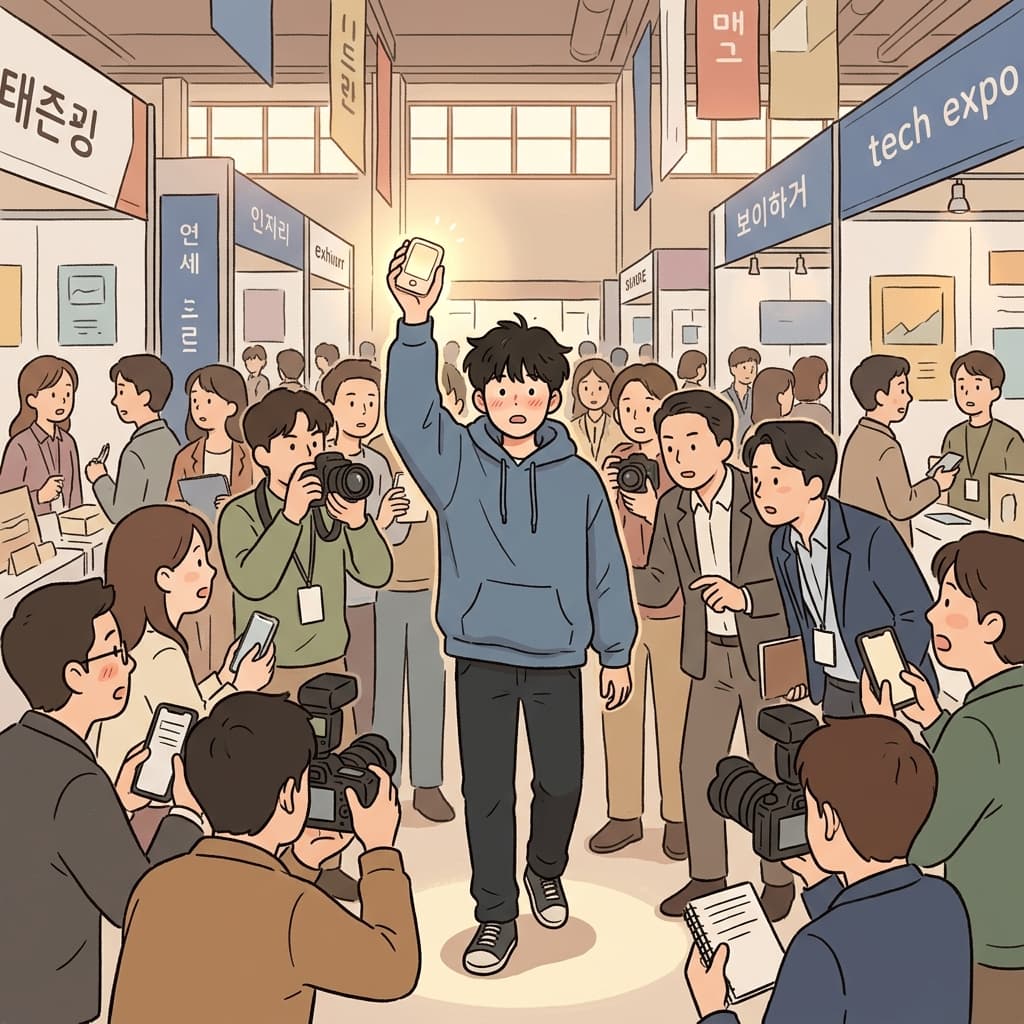 A young startup founder is emerging from the crowd, gaining sudden attention at the tech expo.