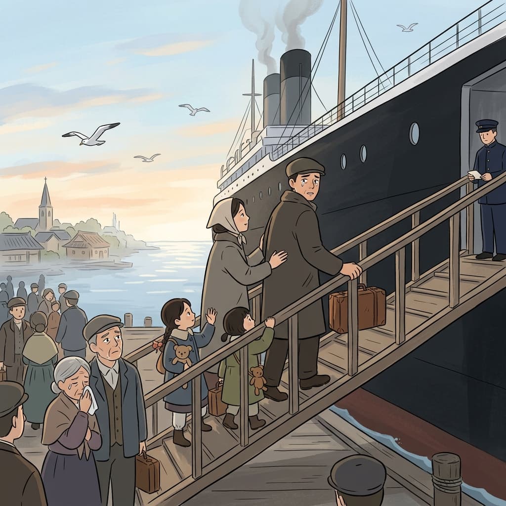 Families emigrate across the ocean, carrying suitcases toward a new homeland.