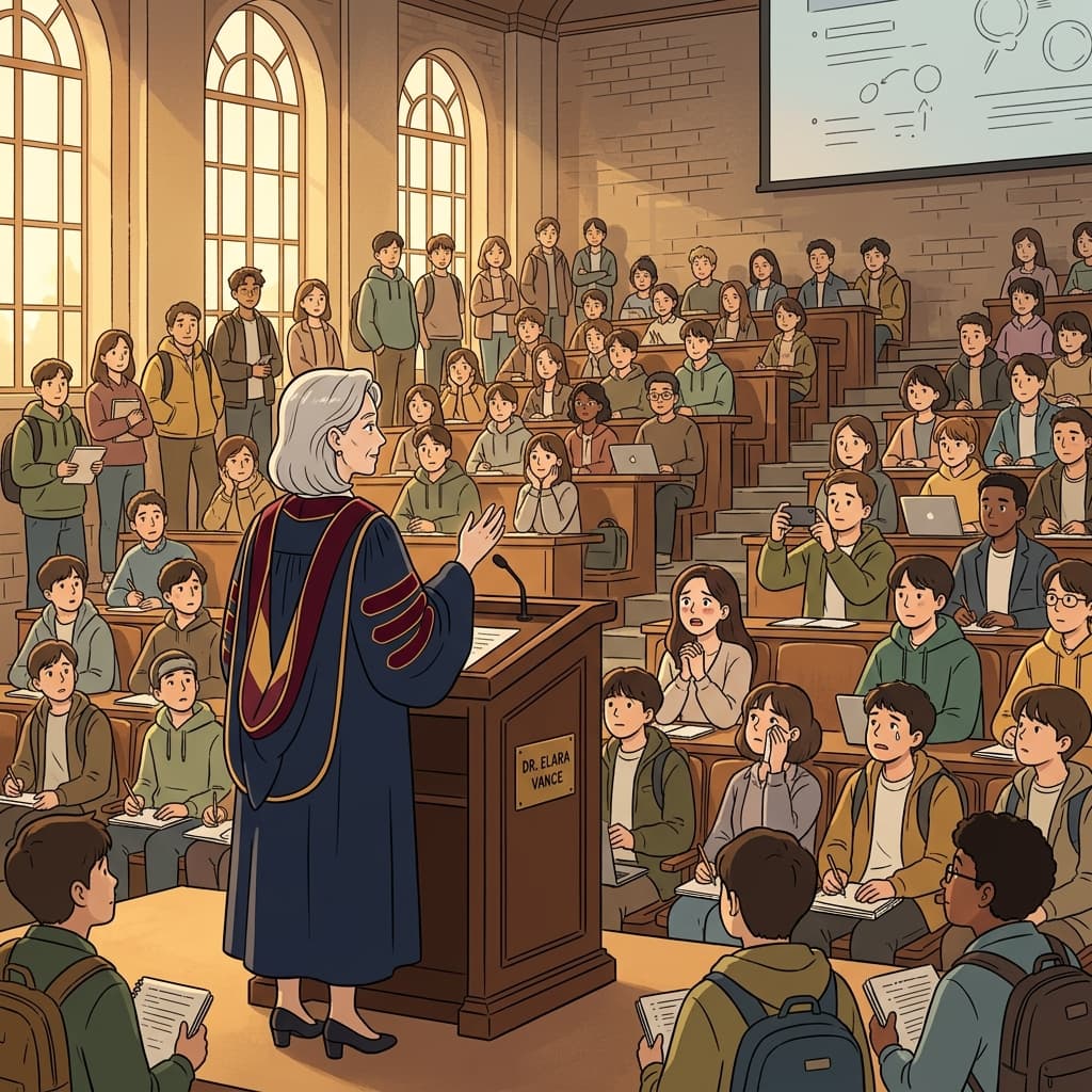 The aging scientist's eminence drew students from across the world to her lecture.