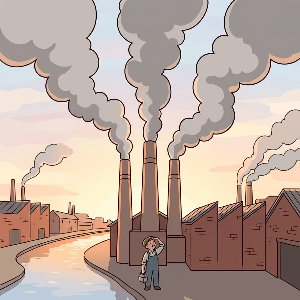 The old factory chimneys emit thick columns of gray smoke into the morning sky.