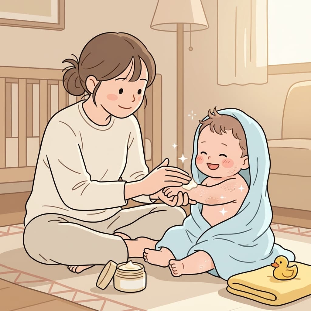 She gently applies emollient cream to soothe her baby's dry, irritated skin.