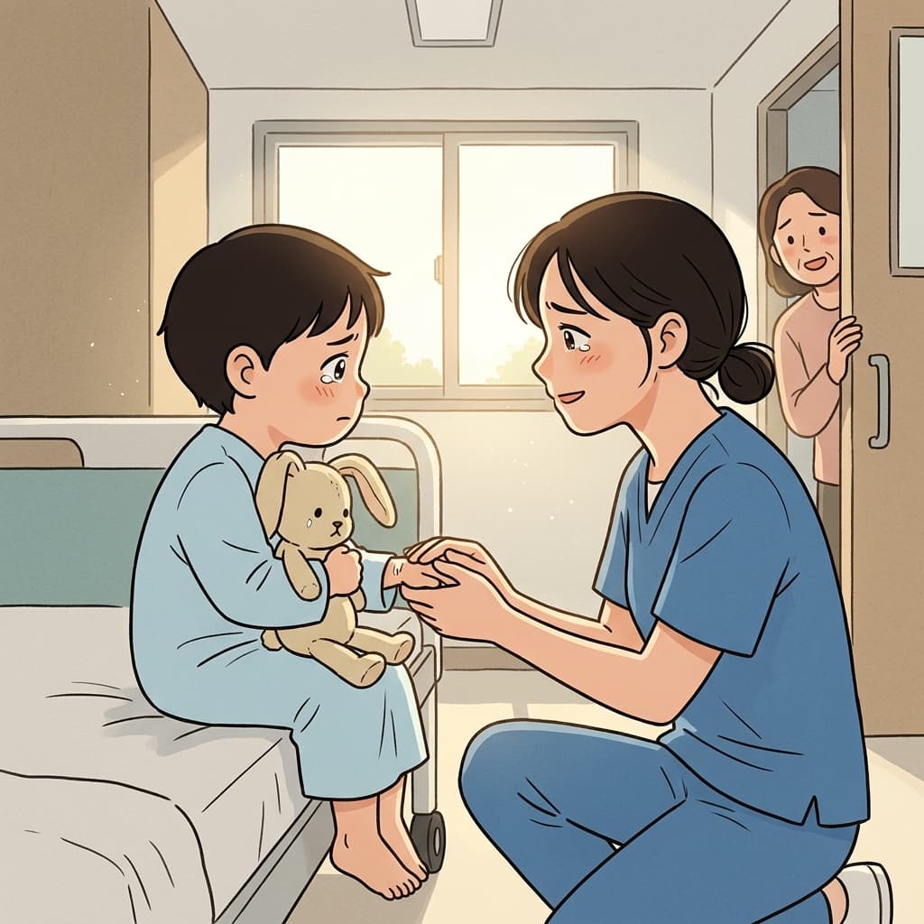 The nurse is deeply empathetic, holding the frightened child's hand before surgery.