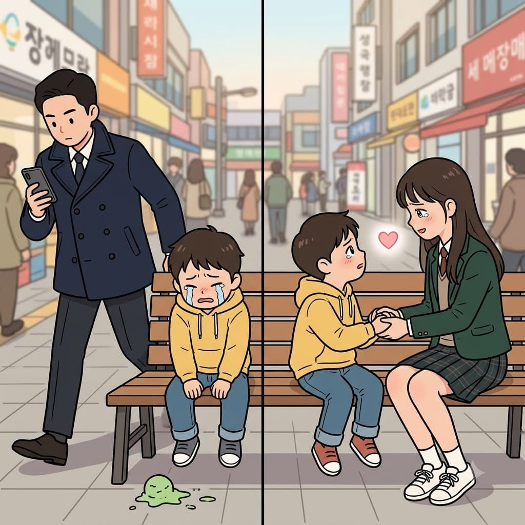 While the stranger walked past the crying child without looking, the girl showed an empathic response by sitting beside him and holding his hand.