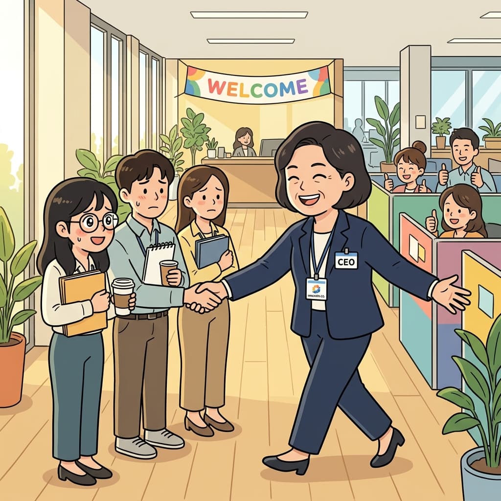 The employer welcomes new hires with a warm handshake on their first day.