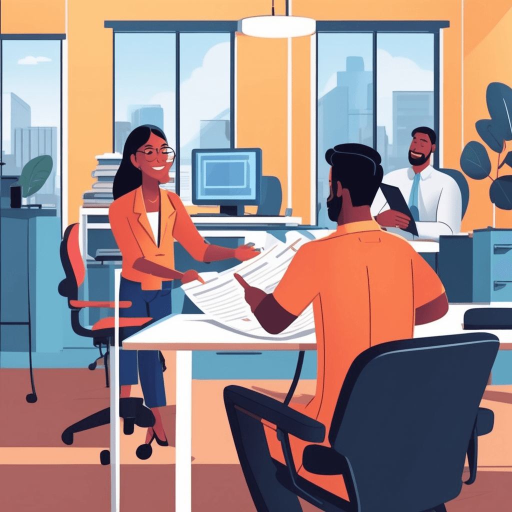 a professional counselor sits across from a job seeker, pointing to documents spread on the desk between them. The counselor holds up a folder while explaining available job opportunities with an encouraging smile. The job seeker leans forward attentively, nodding as they review the papers together. Behind them, other staff members work at computers matching candidates with positions while phone calls are being made. a company that finds jobs for people or finds people for jobs