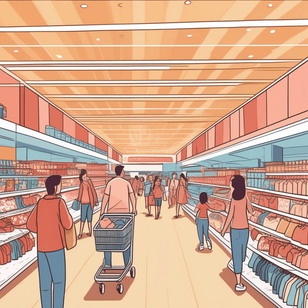 a family of shoppers pushes their cart through wide aisles filled with towering displays of clothing, electronics, toys, and household goods. The parents point excitedly at different sections while their children marvel at the endless variety of merchandise surrounding them. The enormous store stretches in all directions with multiple floors visible, each packed with different categories of products from furniture to jewelry to sporting goods. Other customers browse nearby sections, their arms full of purchases from various departments throughout the sprawling retail space. Store employees help guide shoppers toward different areas of the enormous shopping destination. a large retail store selling a wide variety of goods
