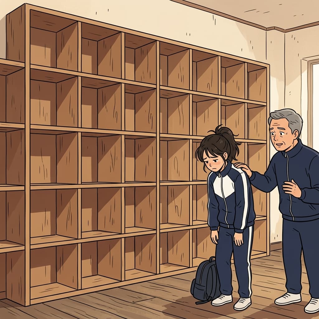"Empty, miss!" the coach joked as the player looked at the emptiness inside an empty trophy shelf.
