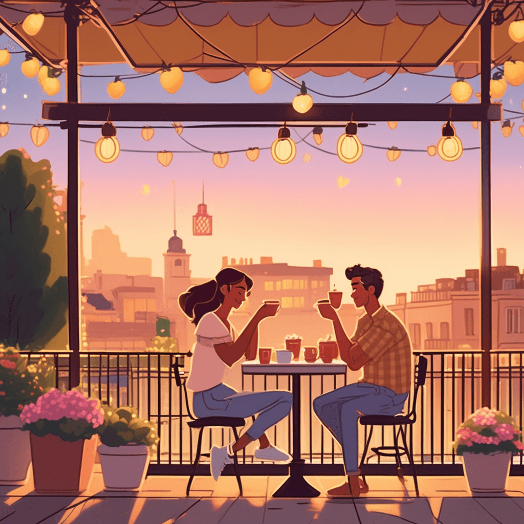 a young woman sits across from a man at a café table, her eyes sparkling as she listens to him speak. She leans forward slightly, completely captivated by his words and gestures. The man's animated storytelling and warm smile create an instant magical connection between them. Her expression shows pure fascination and the unmistakable look of someone falling in love. Other café patrons sit at nearby tables enjoying their evening meals. The warm string lights create a dreamy atmosphere around the enchanted couple. someone being filled with love and fascination by another person