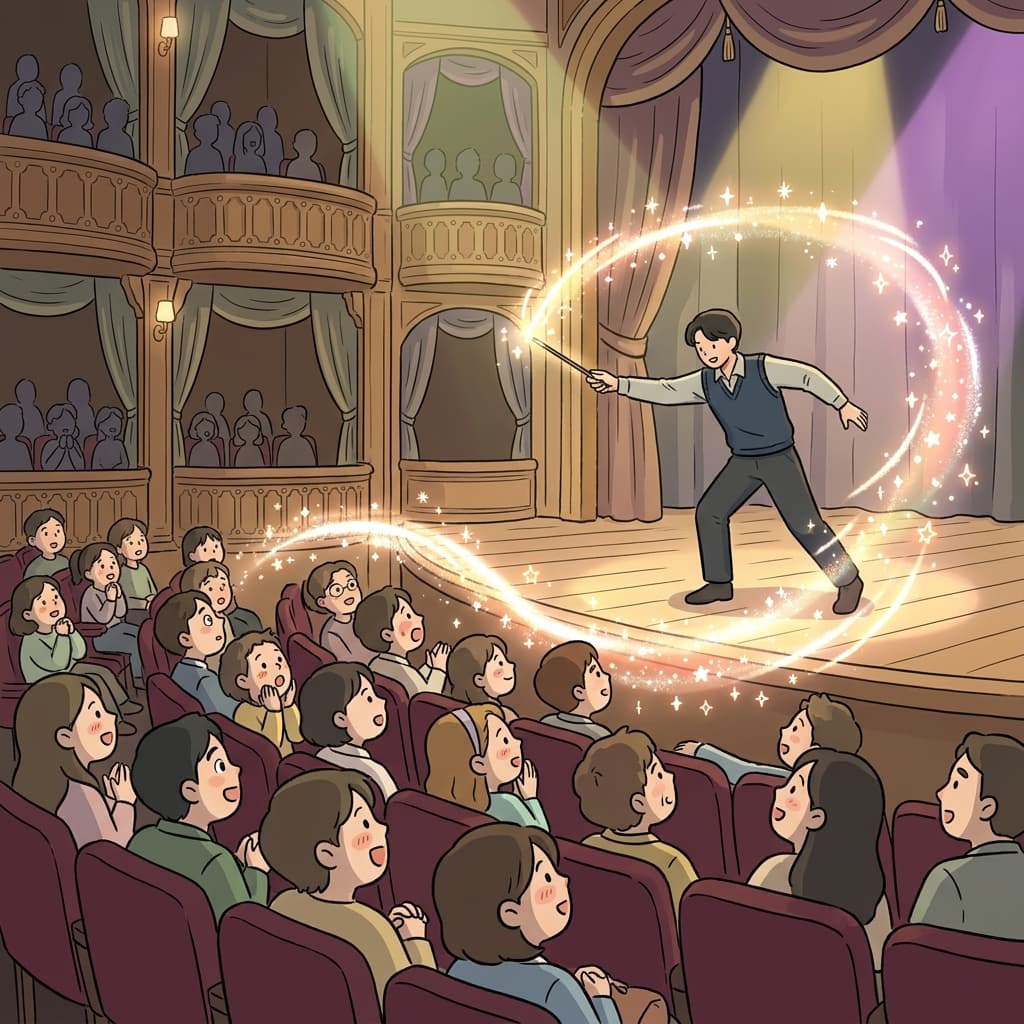 The magician waved a glowing wand, enchanting the audience in an instant.