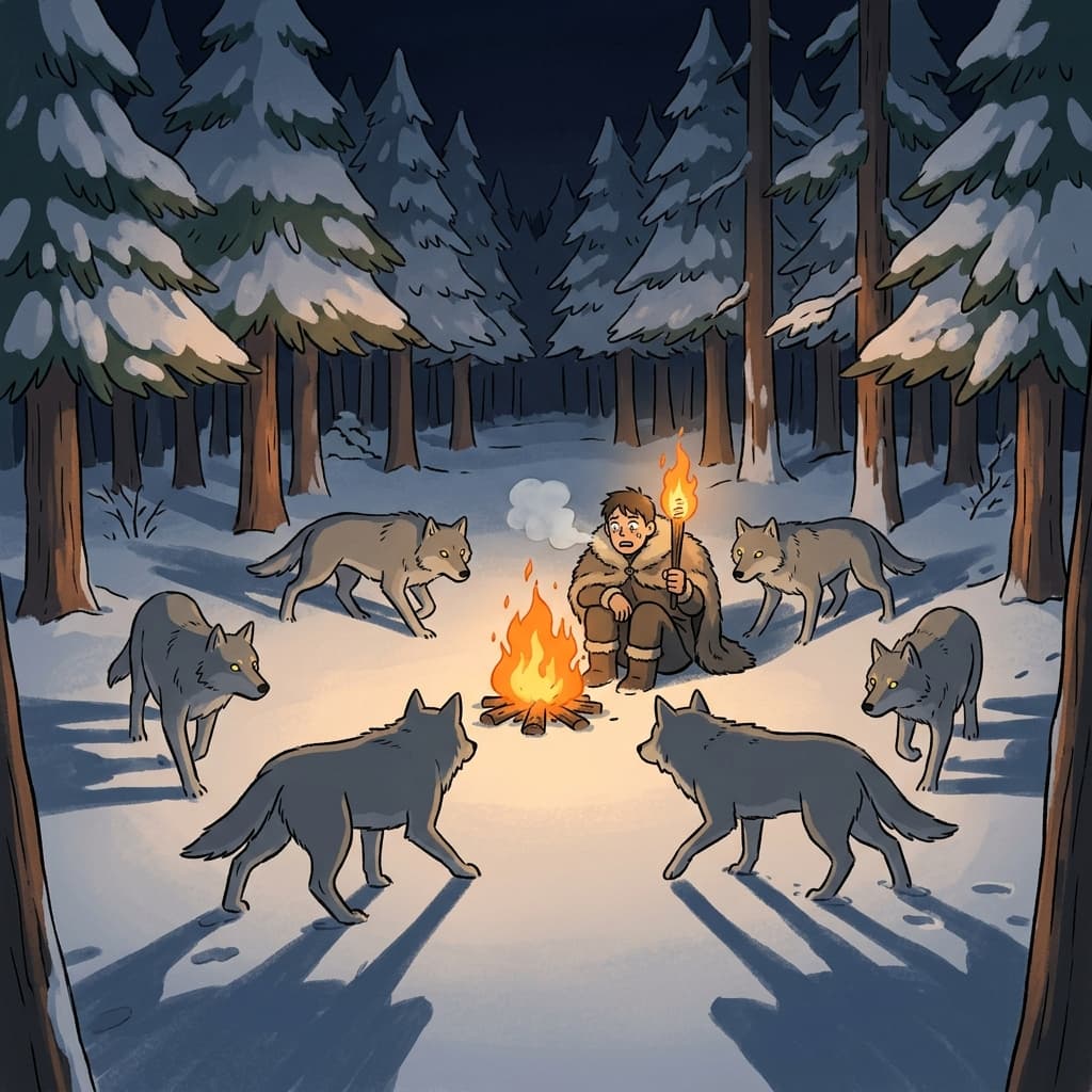 Wolves encircle the lone campfire as the traveler grips his torch tighter.