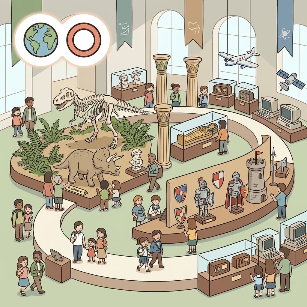 The museum encompasses thousands of years of human history. (🌍 Include + ⭕ All Around → Encompass)