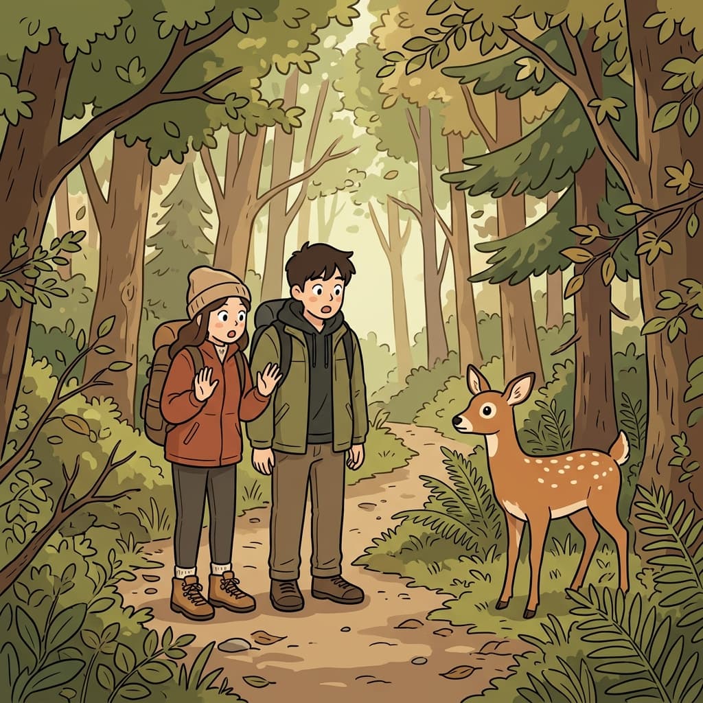 The hikers encountered a wild deer while walking through the forest.