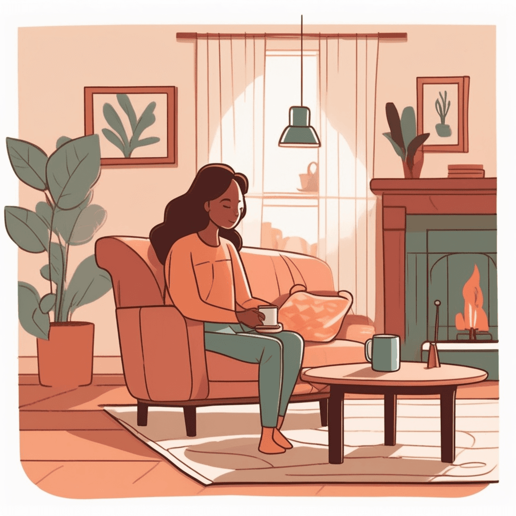 a woman reaches over to place a steaming mug of coffee on a small wooden table positioned right next to her plush armchair. The table sits perfectly at arm's reach from where she's sitting comfortably. After setting down the mug, she also places a book and her reading glasses on the table's surface. A man on the nearby sofa stretches to reach his own identical small table to grab his TV remote. The tables are clearly positioned as convenient surfaces right beside the main seating furniture. small tables placed beside sofas, chairs, and beds for easy access to personal items