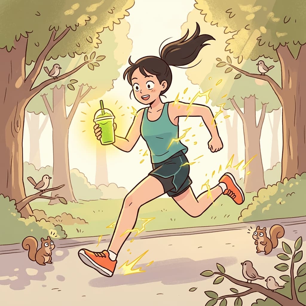 One sip of the smoothie seems to energize her for the whole morning run.
