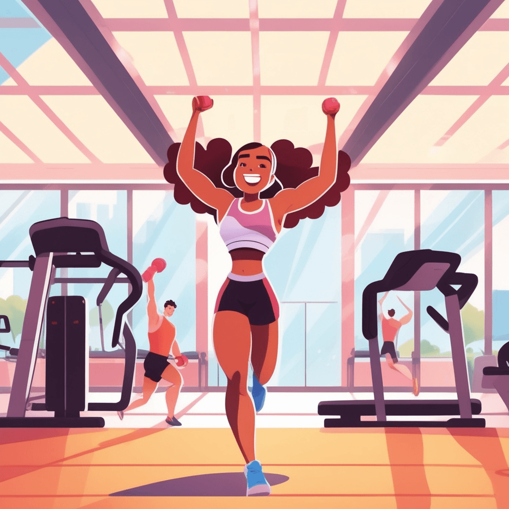a young athlete jumps up from a bench with arms raised high after completing an intense workout set. Her face beams with excitement and determination as sweat glistens on her forehead. She had been tired before starting but now feels completely recharged and ready for more. The workout has filled her with incredible vitality and motivation to keep going. Her training partner cheers and gives her a high-five, matching her infectious energy. Other gym members in the background smile and nod approvingly at her enthusiastic display. someone feeling completely energized, full of active excitement and unstoppable enthusiasm