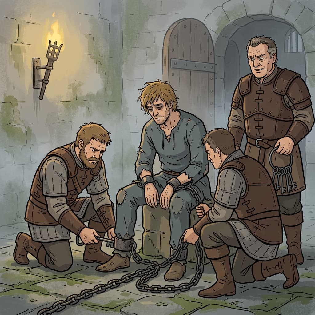 The guards enfetter the prisoner with heavy iron chains before the long march.