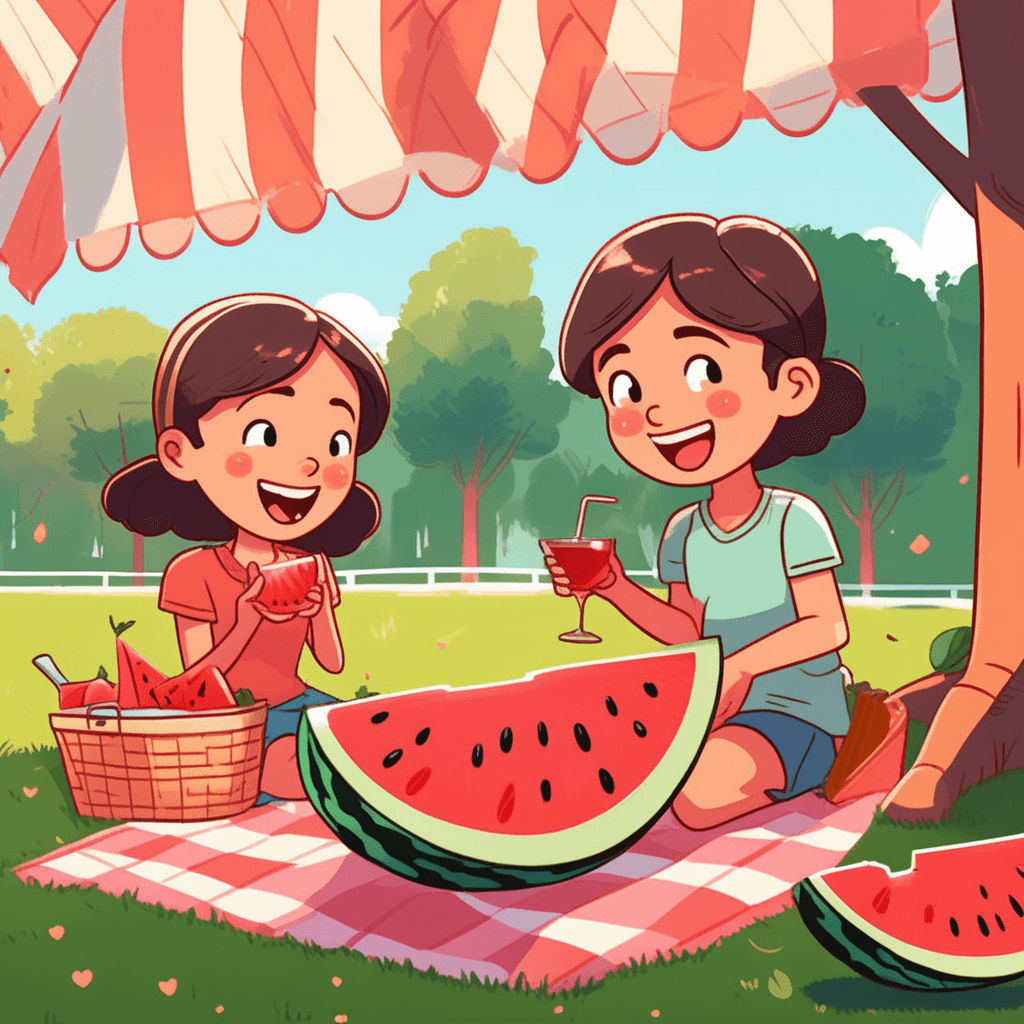 A young girl enjoys eating sweet watermelon at the family picnic
