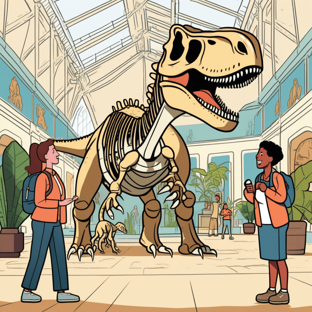 an enthusiastic museum guide points to a massive dinosaur skeleton while explaining fascinating details to a group of visitors. She gestures animatedly at different bones while sharing amazing facts about how these creatures lived millions of years ago. The visitors' faces transform from casual interest to wide-eyed wonder as they learn surprising new information. Children and adults alike lean forward with growing excitement, their expressions showing genuine amazement at each revelation. A young boy's mouth drops open as he discovers how enormous these ancient creatures really were. people gaining new information that increases their understanding of the prehistoric world