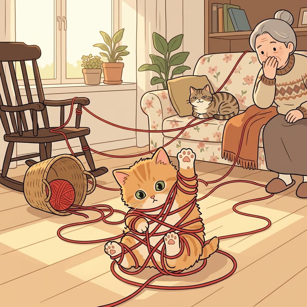 The kitten got hopelessly entangled in a ball of yarn.