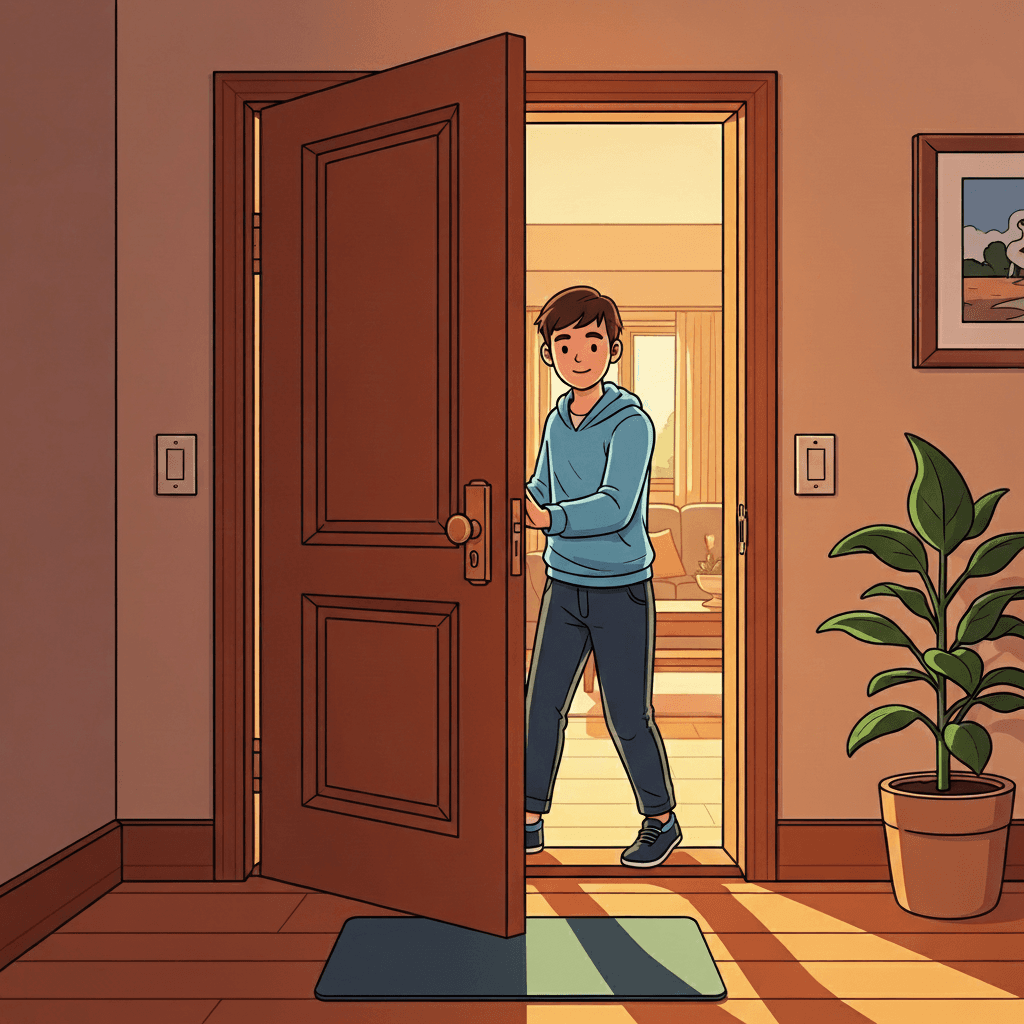 He opens the door and enters the quiet room.