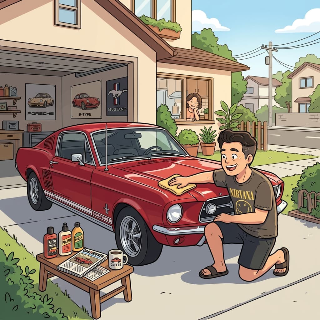 The vintage car enthusiast polishes his 1960s Mustang every Sunday morning.